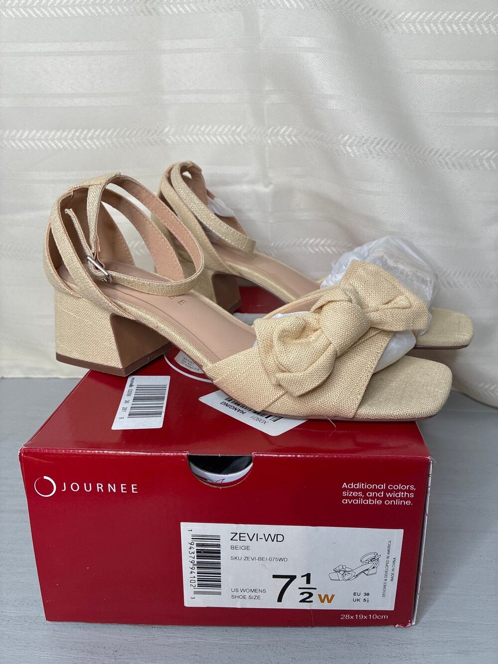 Journee Collection Zevi Linen Block Heel Sandals Beige Size 7.5 Wide